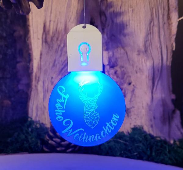 ChristbaumSchmuck rund "Hirsch modern" mit "Frohe Weihnachten" und LED